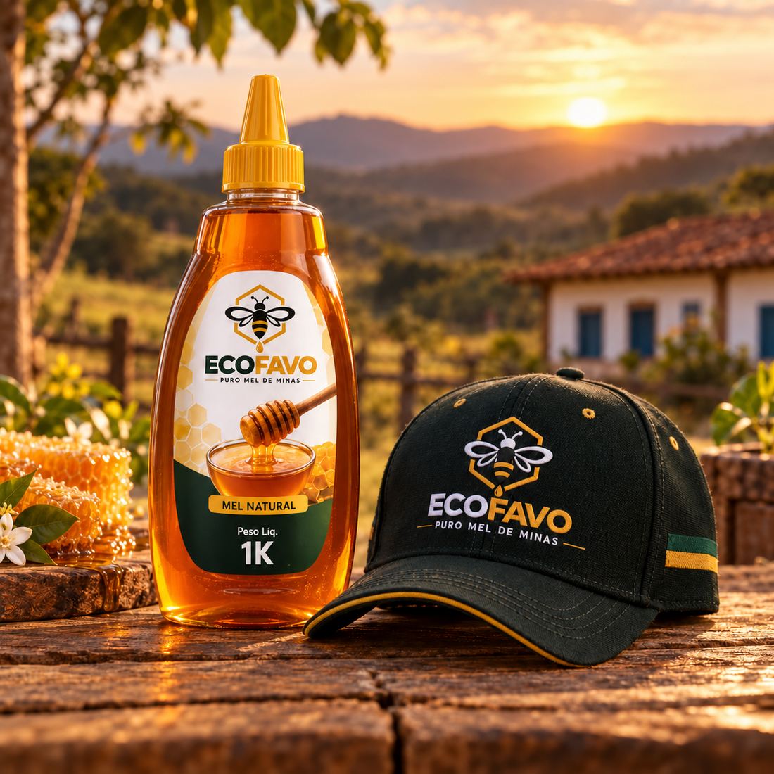 Bisnaga de mel natural ECOFAVO de 1 kg com o boné da marca