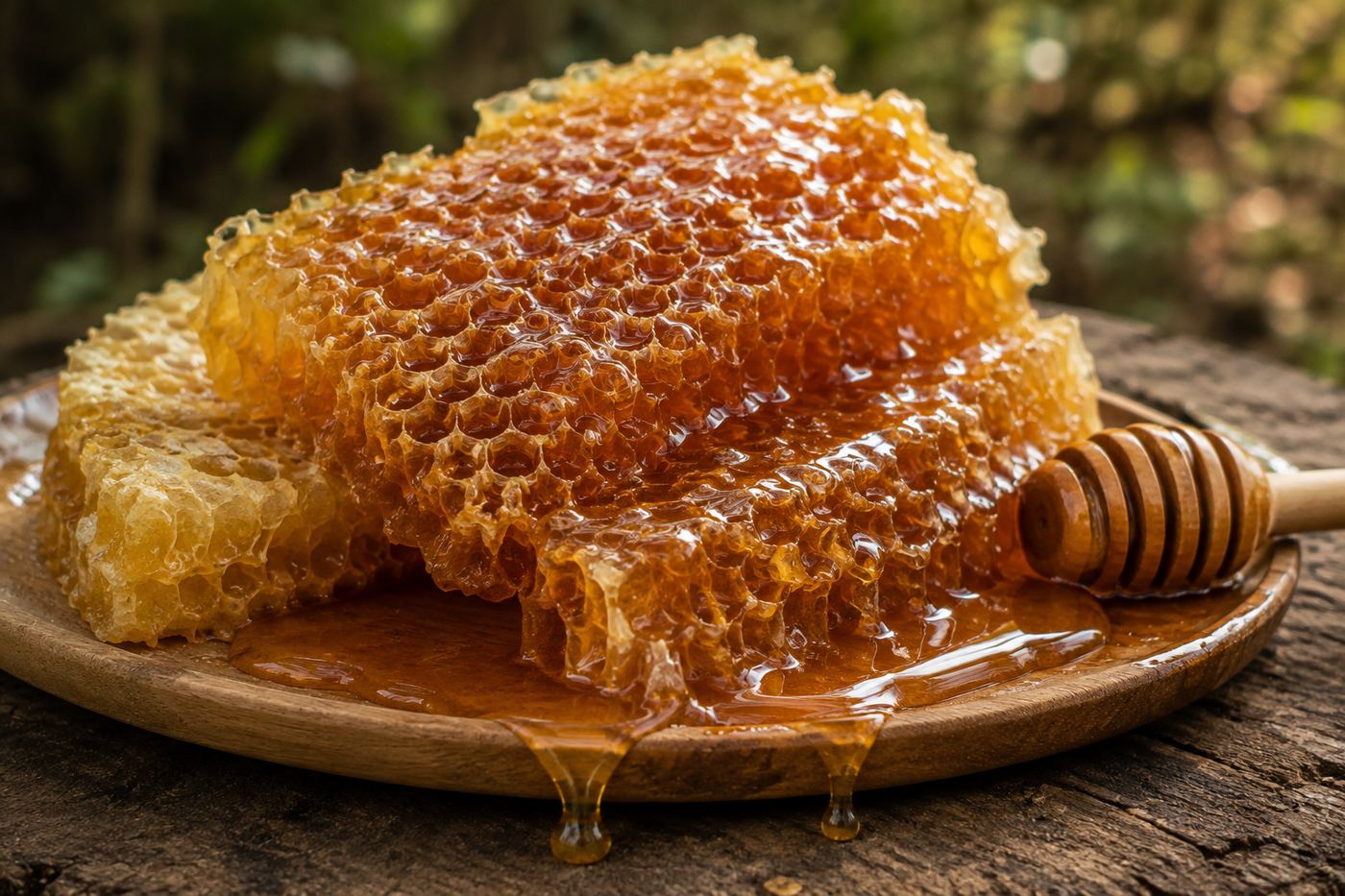 Favo de mel servido em tábua de madeira