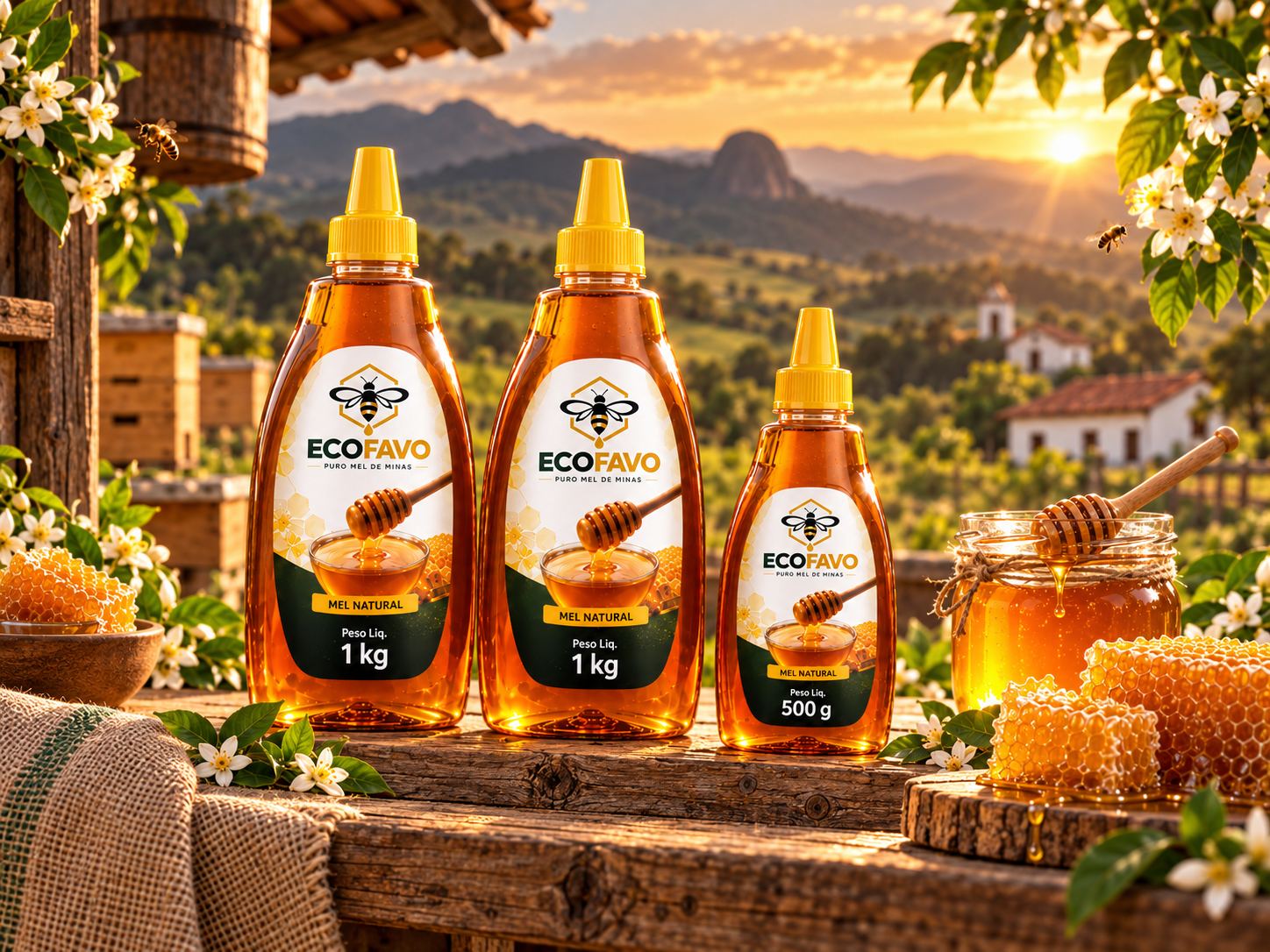 Bisnagas de mel ECOFAVO de 1 kg e 500 g sobre madeira, com as montanhas de Minas ao fundo