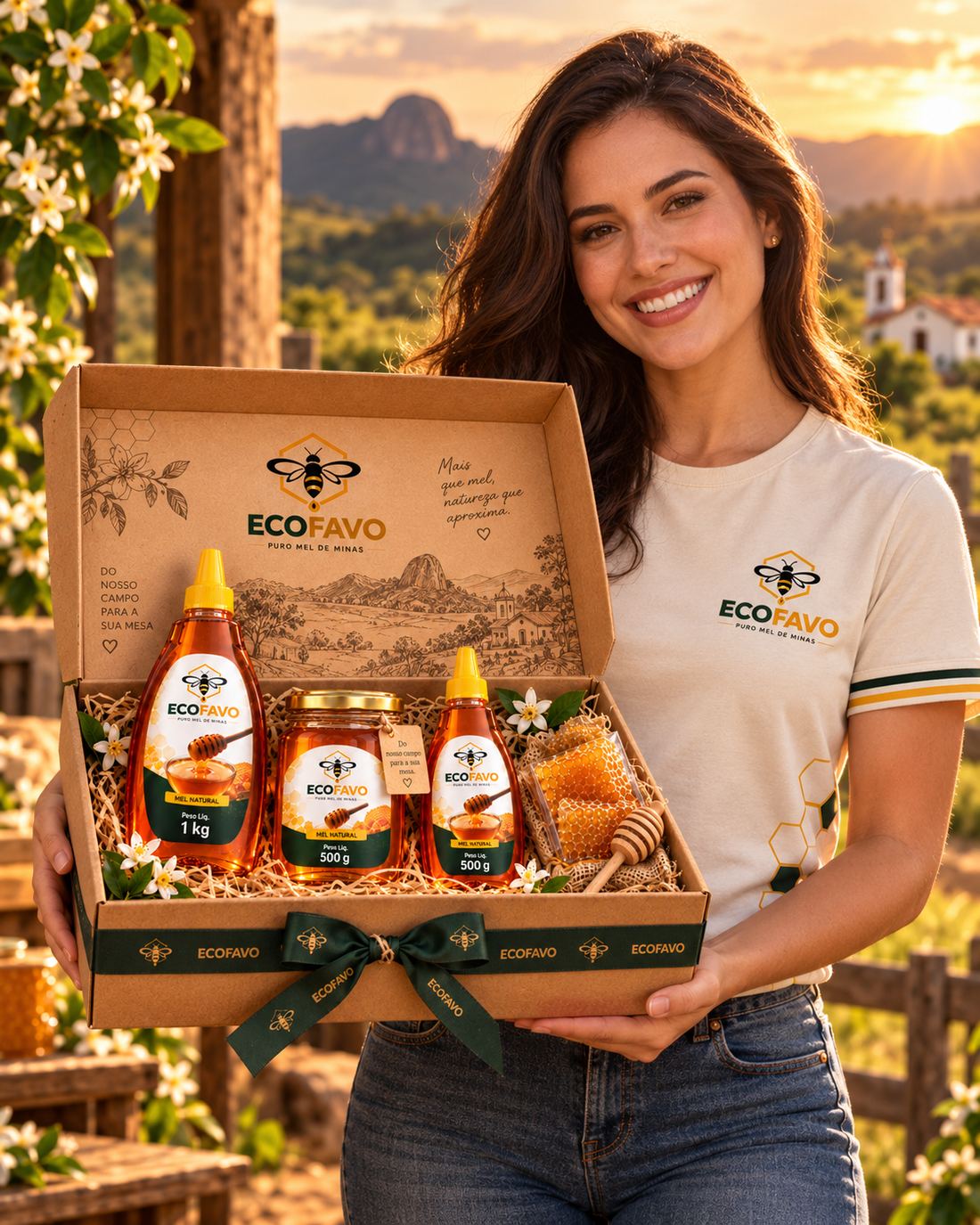 Produtora ECOFAVO apresentando o kit de mel nas serras de Minas Gerais