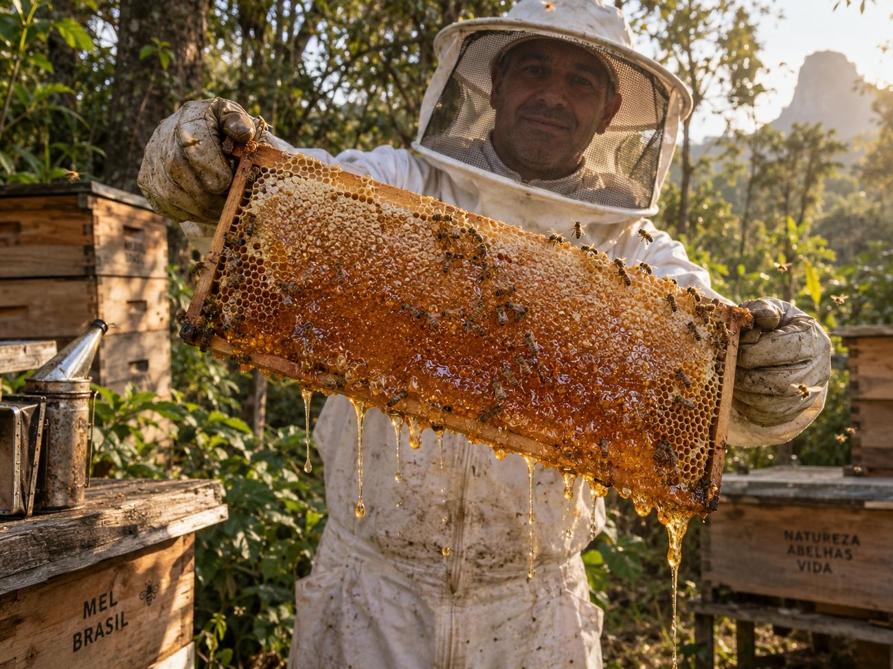Apicultor mostrando o quadro de favo