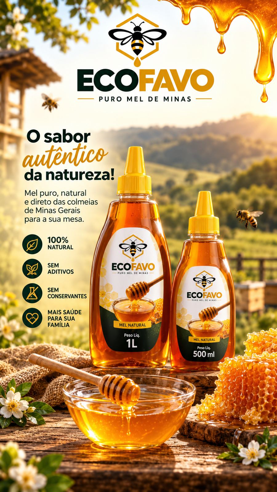 Anúncio ECOFAVO — o sabor autêntico da natureza